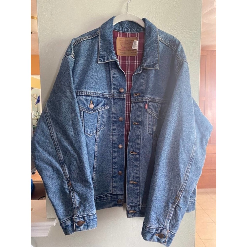 Vintage plaid flannel lined levis denim jean jacket medium 706414 trucker 90s